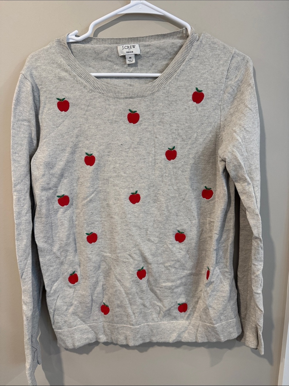 J. Crew Light Gray Crewneck Sweater with Red Apple Motif